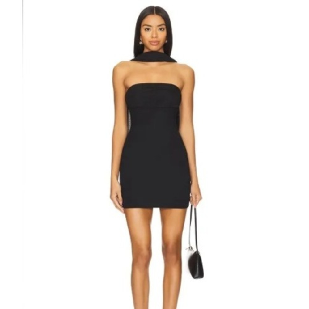 Superdown black strapless dress with neck scarf